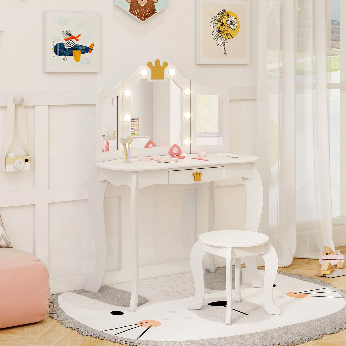 Kids Vanity Set with Tri-Fold Lighted Mirror & Detachable Top - White, Three-Sided Mirror