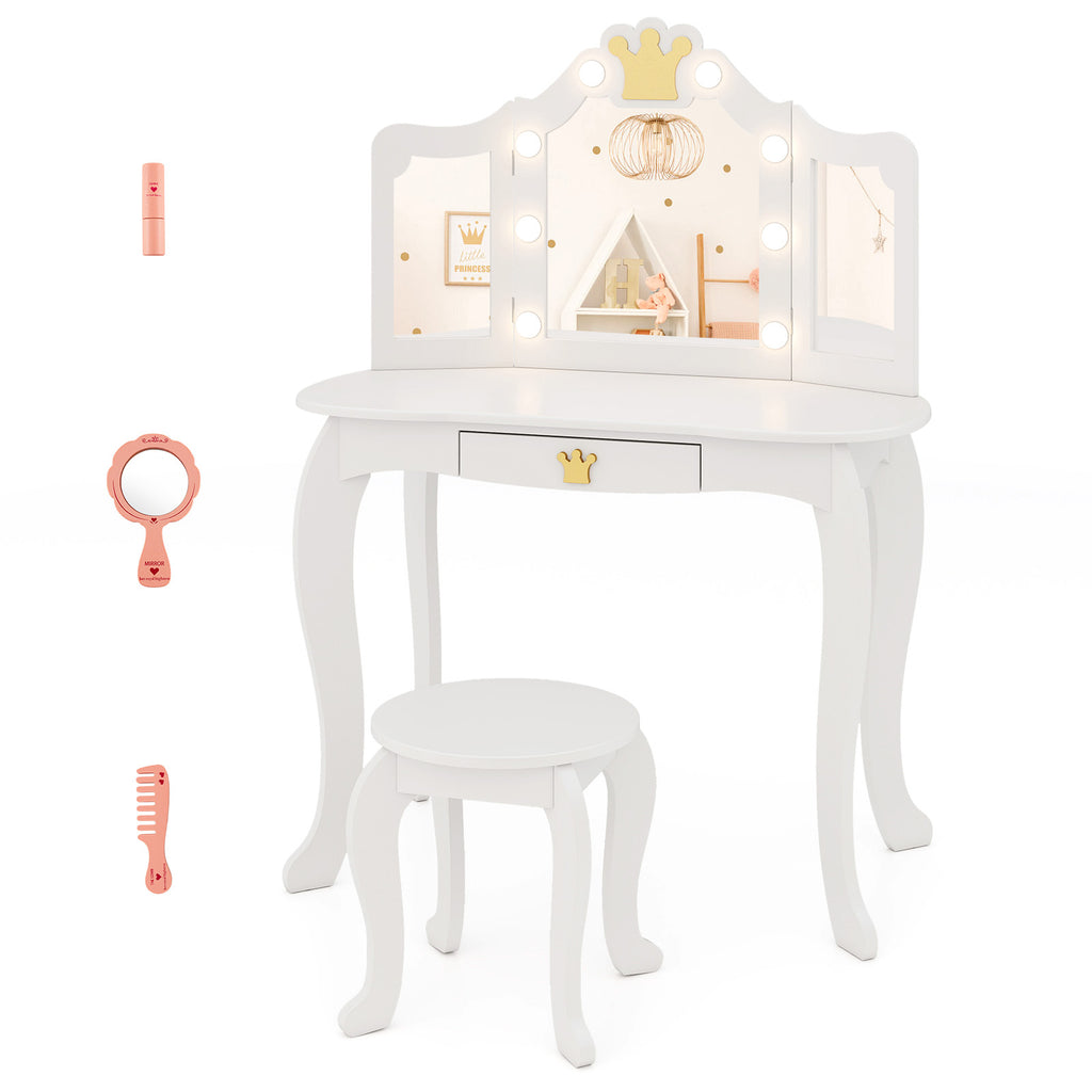 Kids Vanity Set with Tri-Fold Lighted Mirror & Detachable Top - White, Three-Sided Mirror