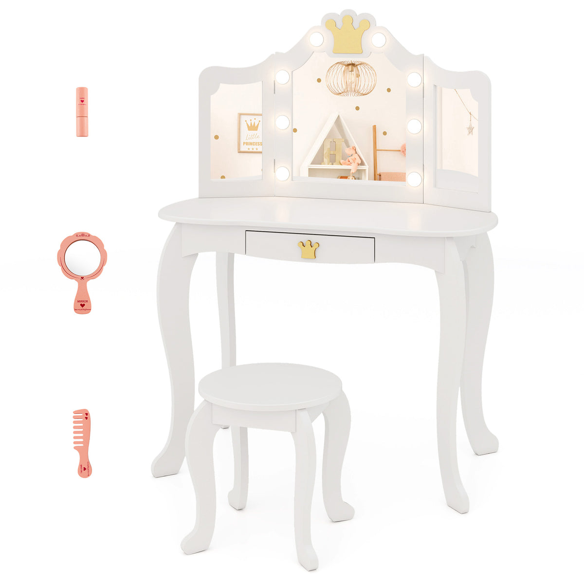 Kids Vanity Set with Tri-Fold Lighted Mirror & Detachable Top - White, Three-Sided Mirror