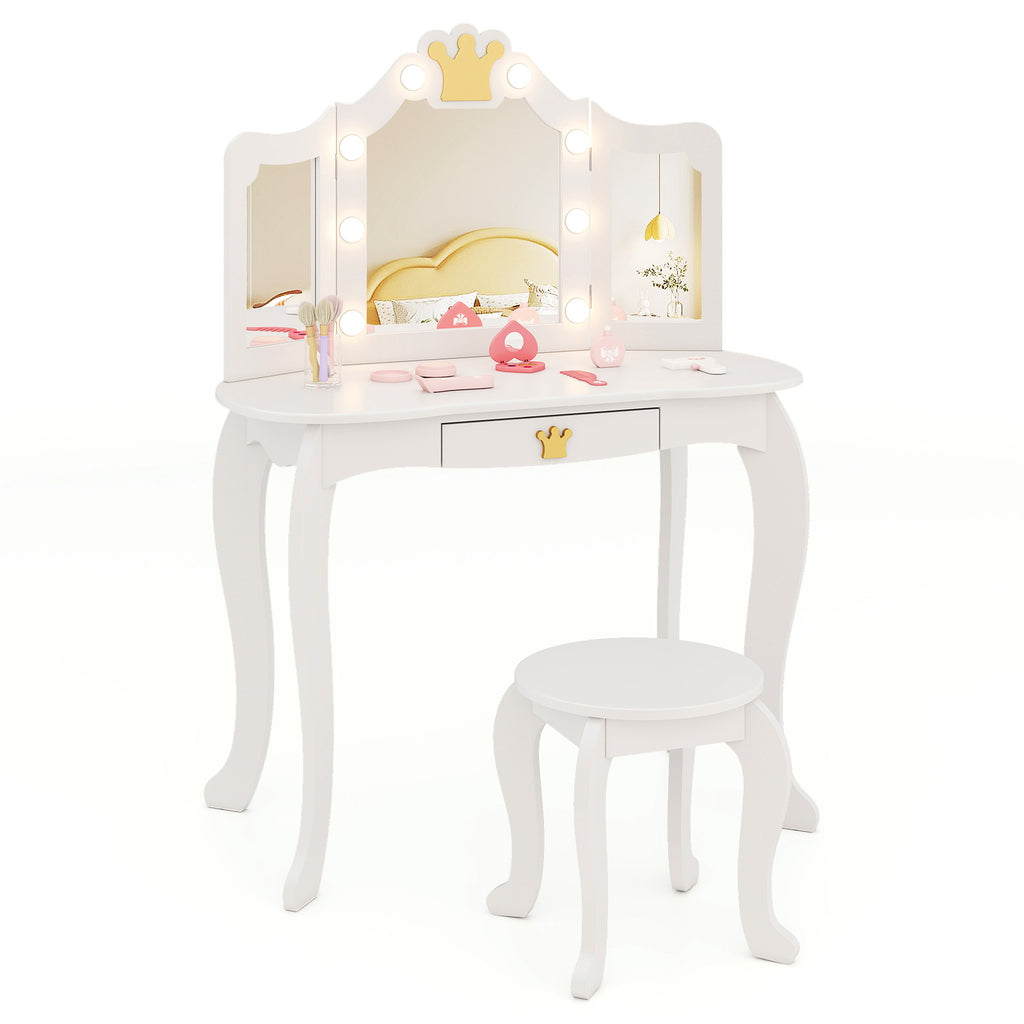 Kids Vanity Set with Tri-Fold Lighted Mirror & Detachable Top - White, Three-Sided Mirror
