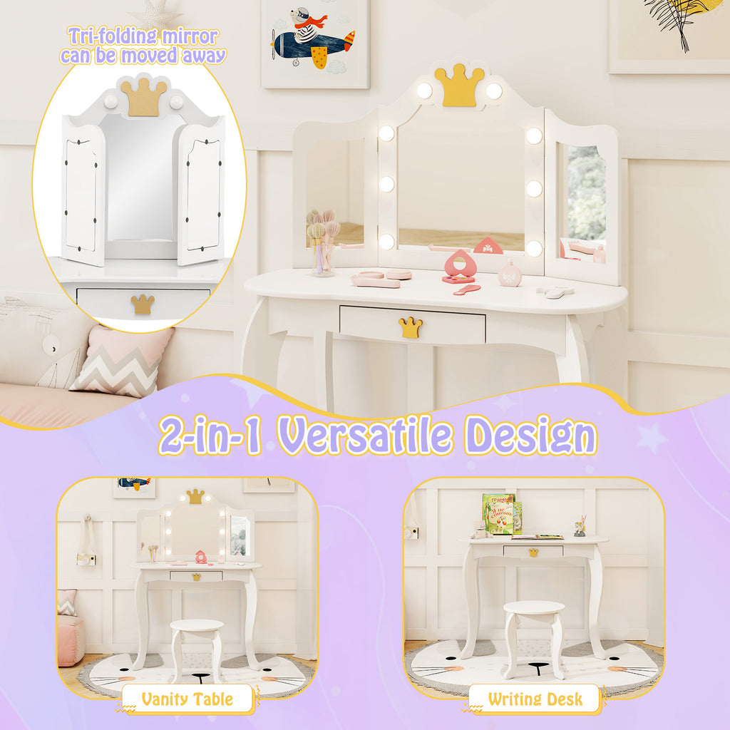 Kids Vanity Set with Tri-Fold Lighted Mirror & Detachable Top - White, Three-Sided Mirror