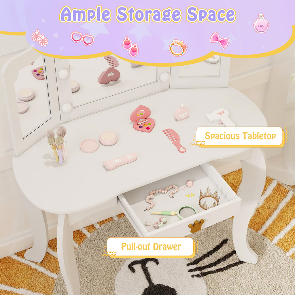 Kids Vanity Set with Tri-Fold Lighted Mirror & Detachable Top - White, Three-Sided Mirror