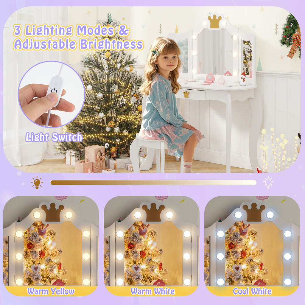 Kids Vanity Set with Tri-Fold Lighted Mirror & Detachable Top - White, Three-Sided Mirror
