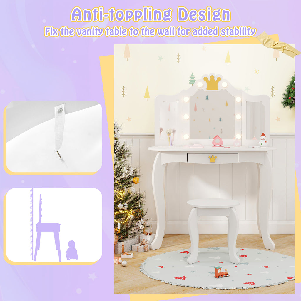 Kids Vanity Set with Tri-Fold Lighted Mirror & Detachable Top - White, Three-Sided Mirror