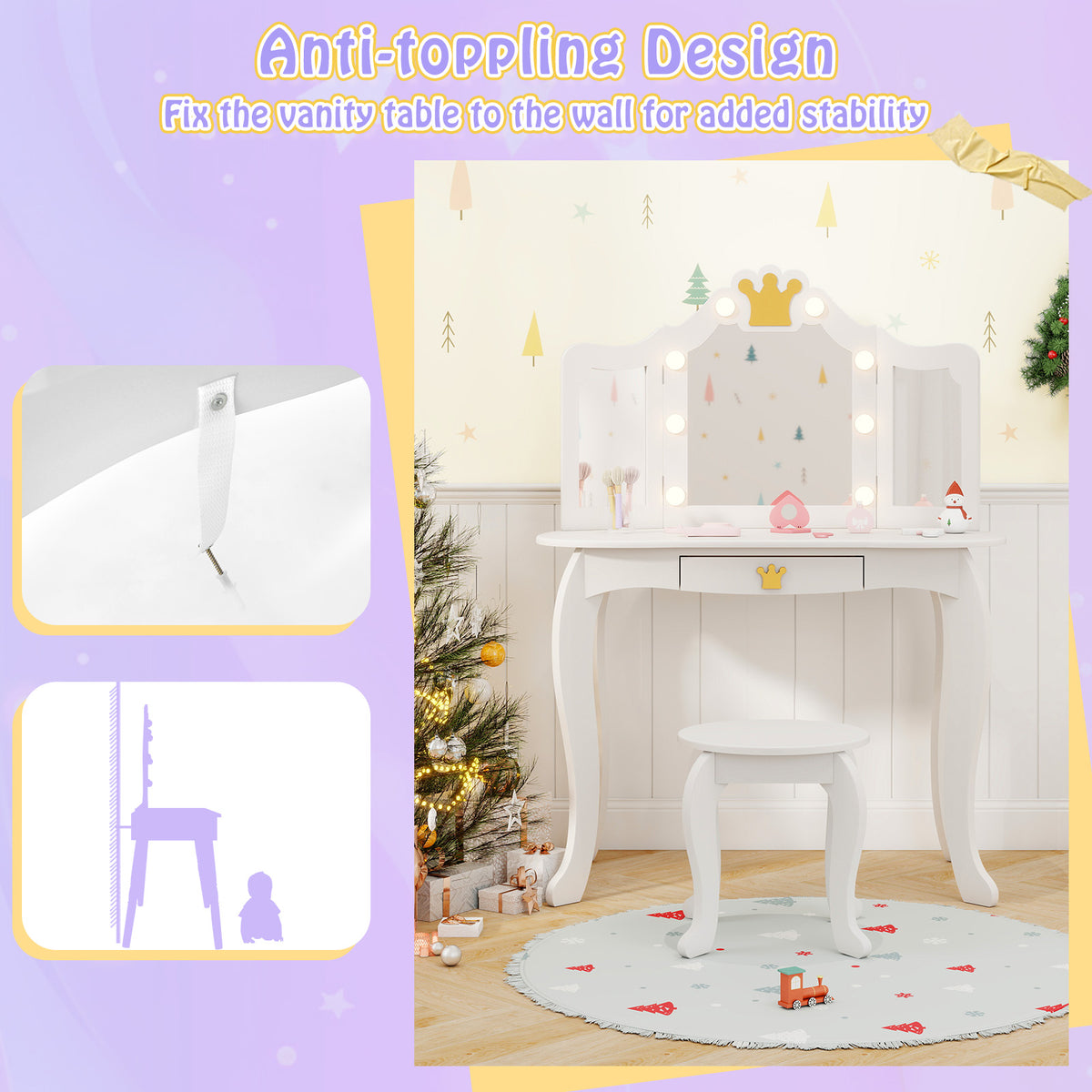 Kids Vanity Set with Tri-Fold Lighted Mirror & Detachable Top - White, Three-Sided Mirror