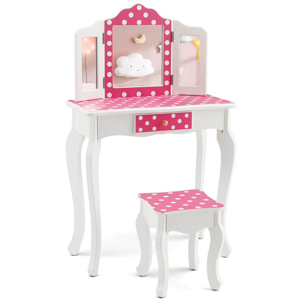 Kids Vanity Table and Stool Set with Polka Dot Print - Pink Variation