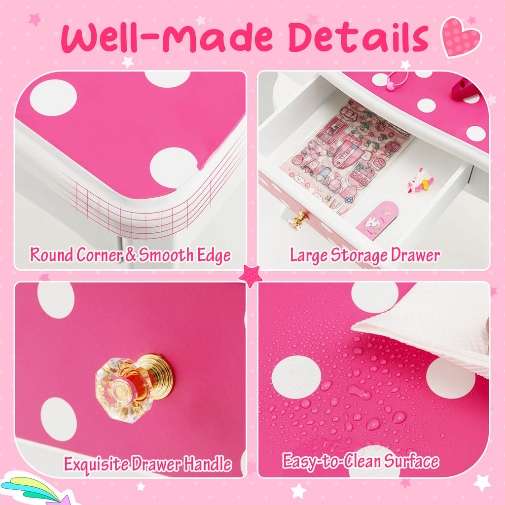 Kids Vanity Table and Stool Set with Polka Dot Print - Pink Variation
