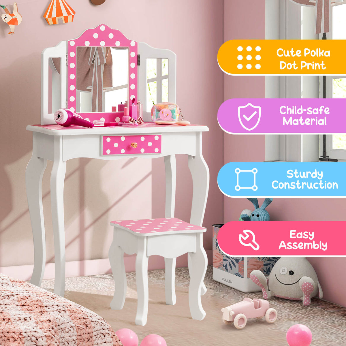 Kids Vanity Table and Stool Set with Polka Dot Print - Pink Variation