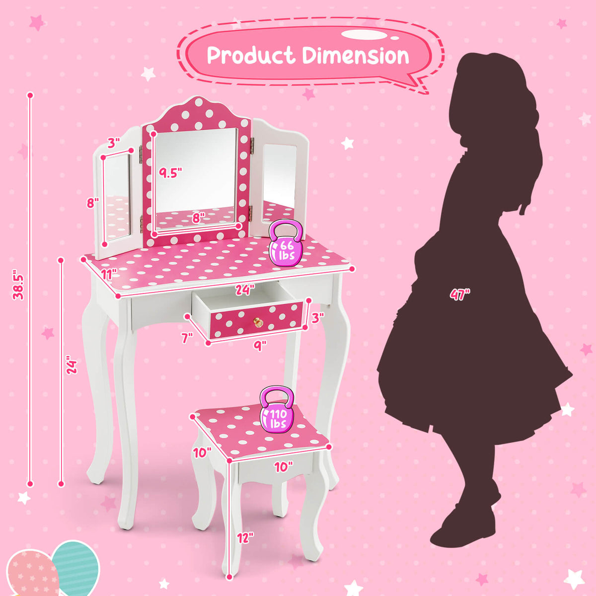 Kids Vanity Table and Stool Set with Polka Dot Print - Pink Variation