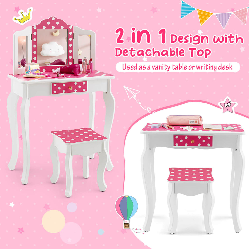 Kids Vanity Table and Stool Set with Polka Dot Print - Pink Variation