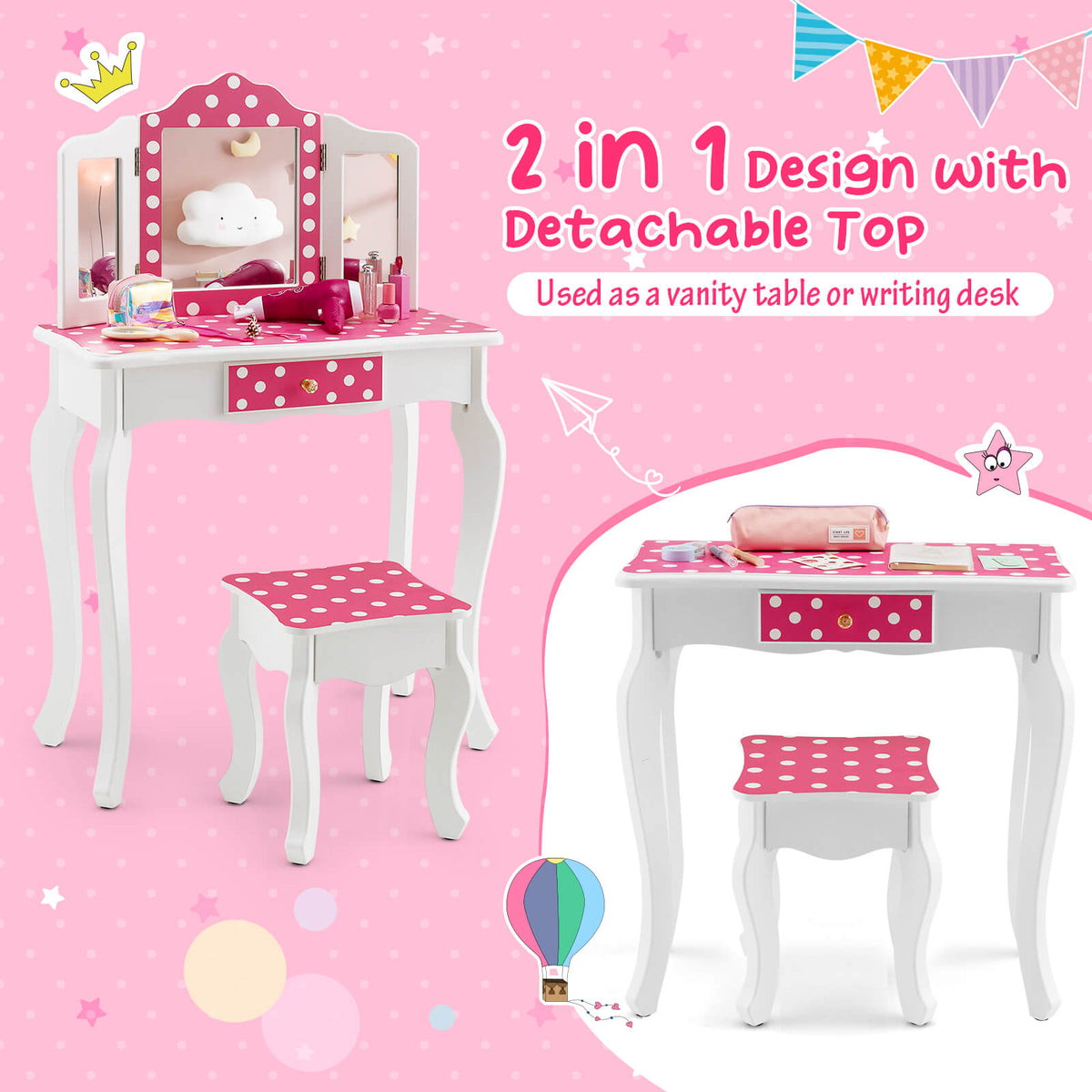 Kids Vanity Table and Stool Set with Polka Dot Print - Pink Variation