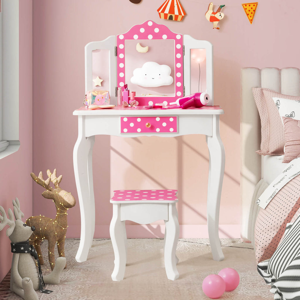 Kids Vanity Table and Stool Set with Polka Dot Print - Pink Variation