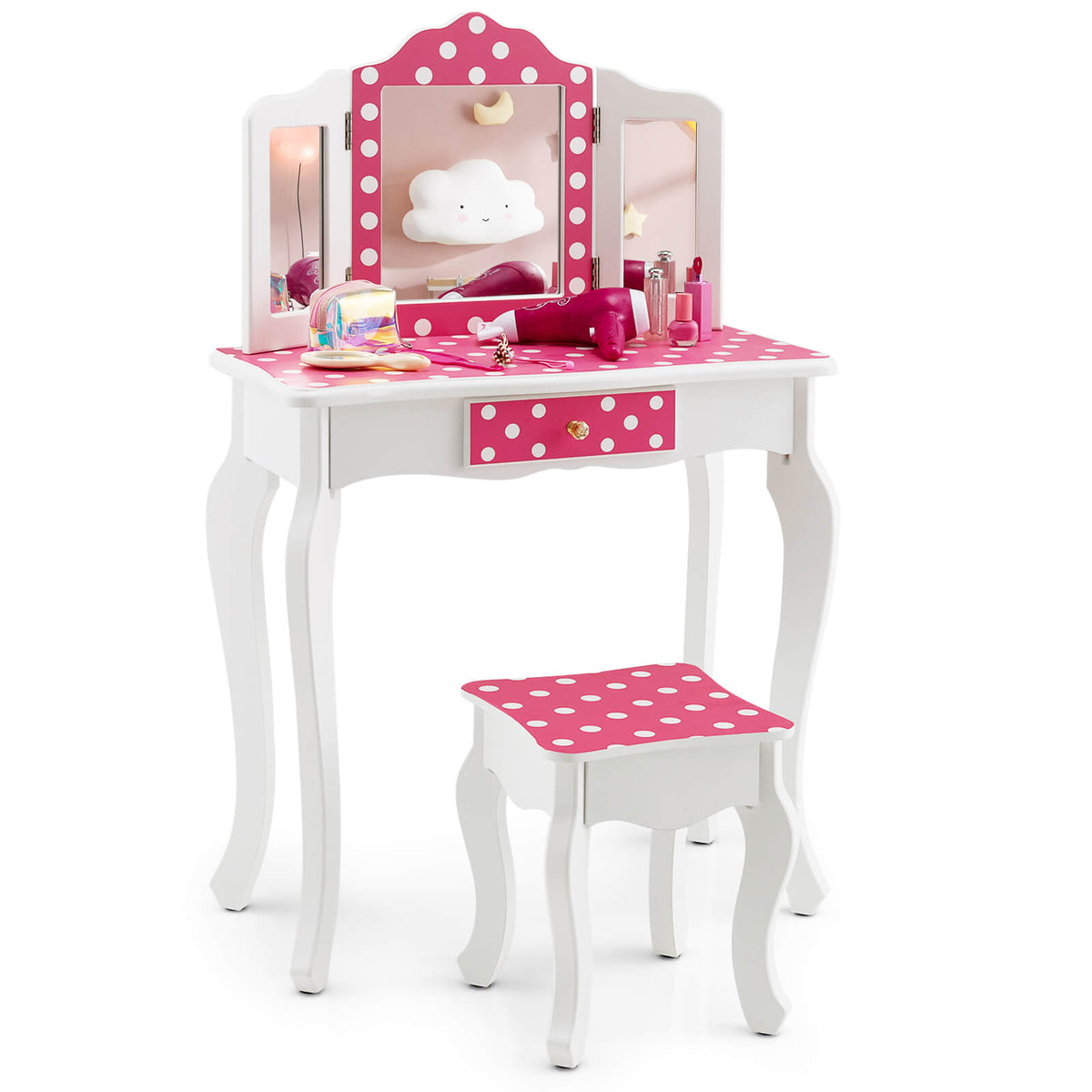 Kids Vanity Table and Stool Set with Polka Dot Print - Pink Variation