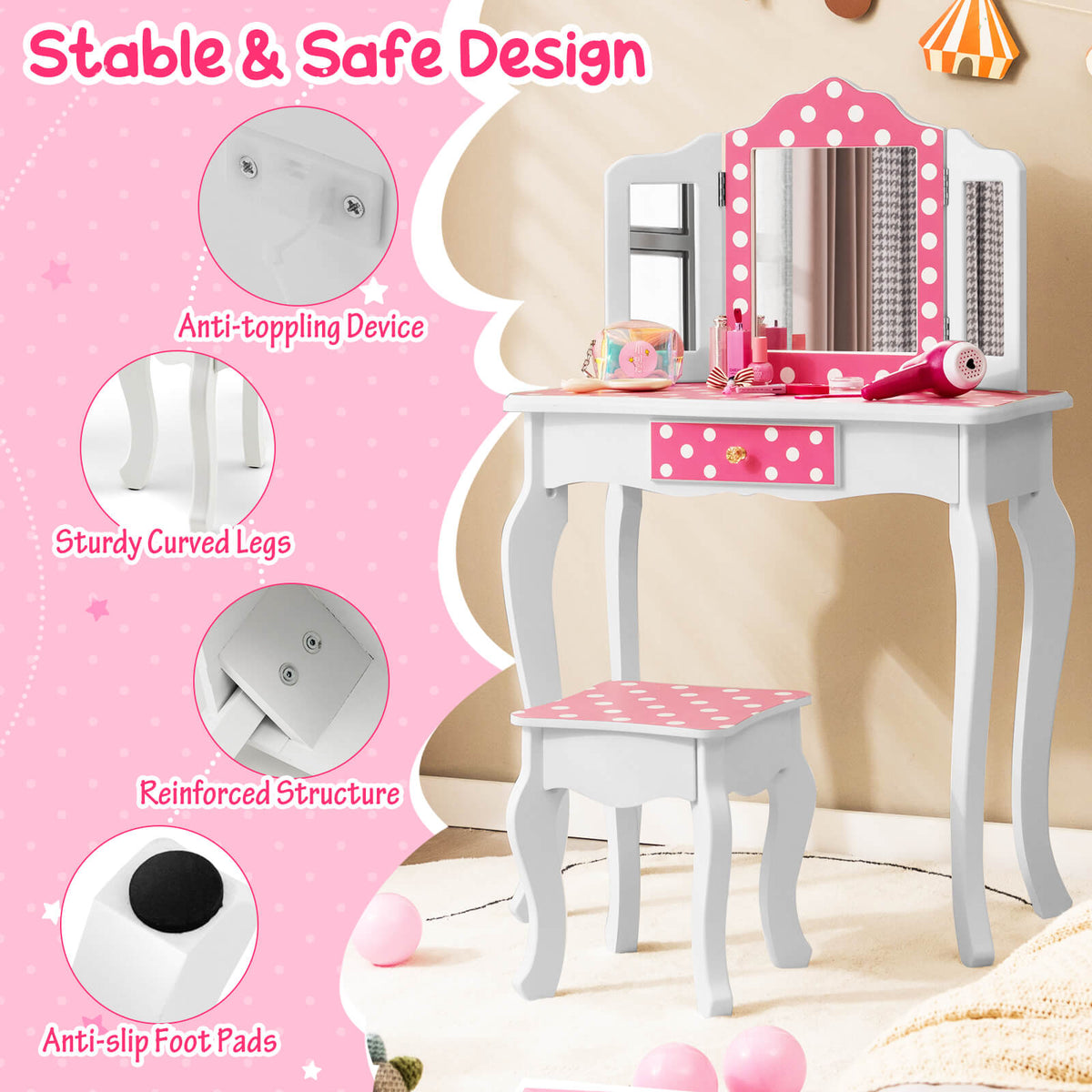Kids Vanity Table and Stool Set with Polka Dot Print - Pink Variation