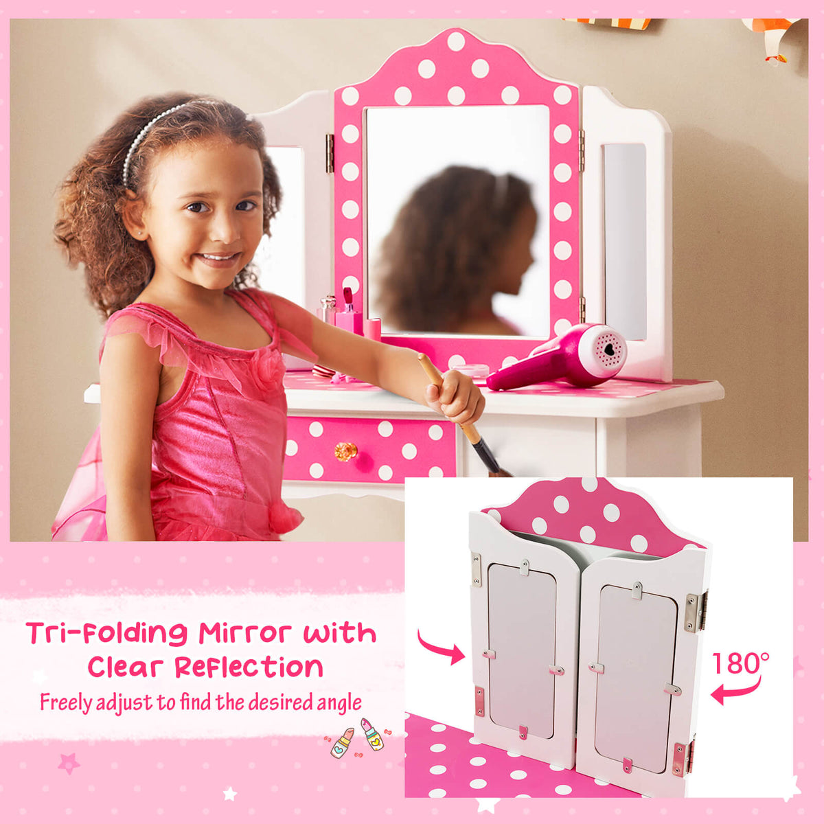 Kids Vanity Table and Stool Set with Polka Dot Print - Pink Variation