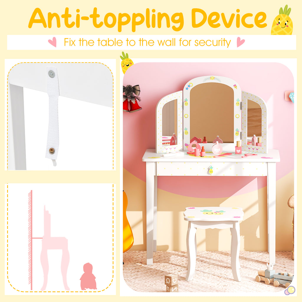 Kids Vanity Table Set with Tri-Folding Mirror & Large Drawer - White Variation