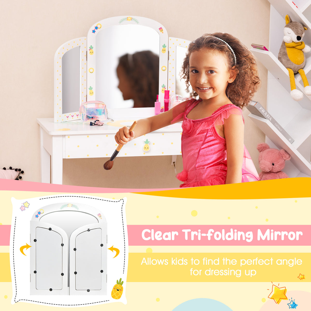 Kids Vanity Table Set with Tri-Folding Mirror & Large Drawer - White Variation