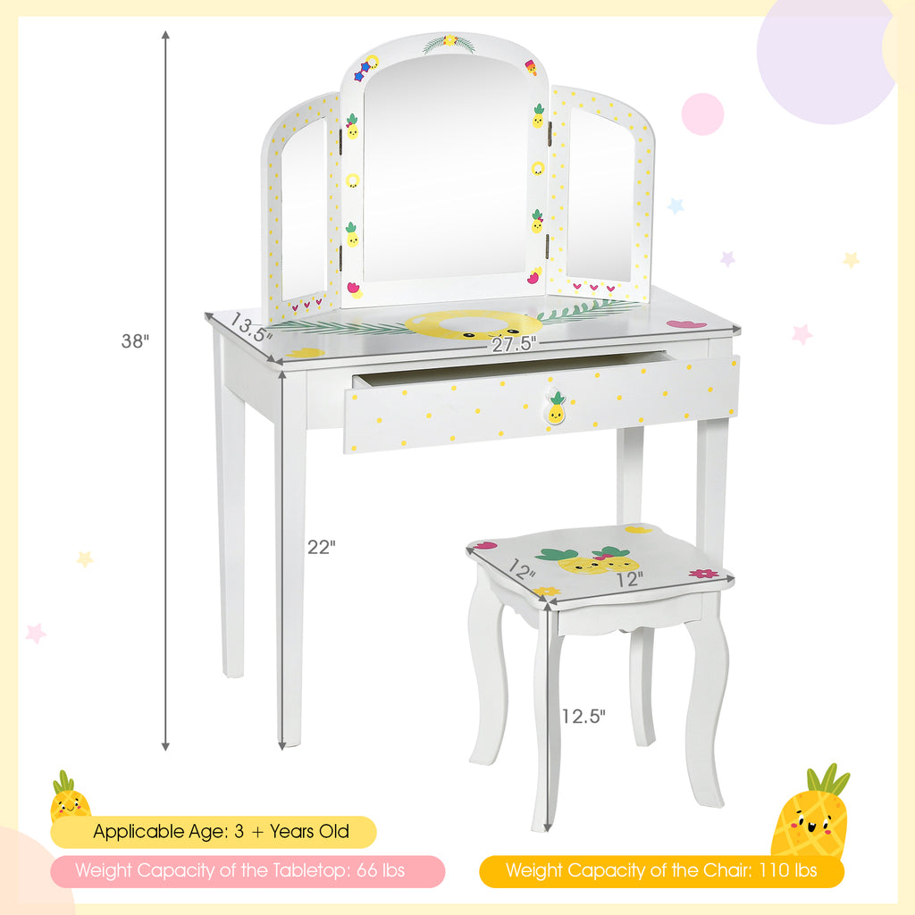 Kids Vanity Table Set with Tri-Folding Mirror & Large Drawer - White Variation