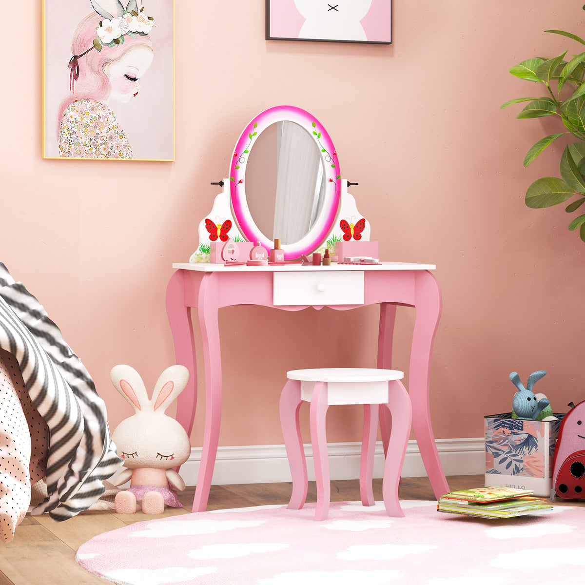 Kids Vanity Table and Stool Set with 360° Rotating Mirror and Whiteboard - Pink