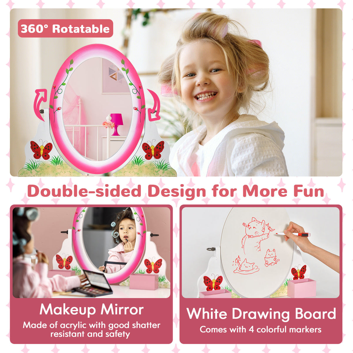 Kids Vanity Table and Stool Set with 360° Rotating Mirror and Whiteboard - Pink