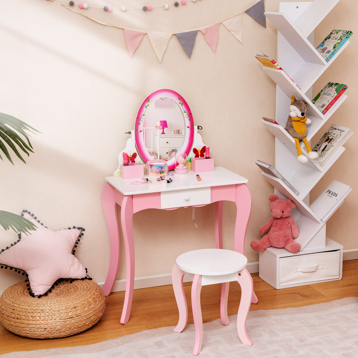 Kids Vanity Table and Stool Set with 360° Rotating Mirror and Whiteboard - Pink