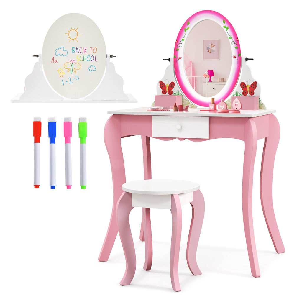 Kids Vanity Table and Stool Set with 360° Rotating Mirror and Whiteboard - Pink