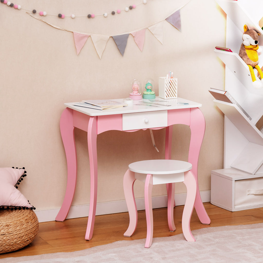 Kids Vanity Table and Stool Set with 360° Rotating Mirror and Whiteboard - Pink
