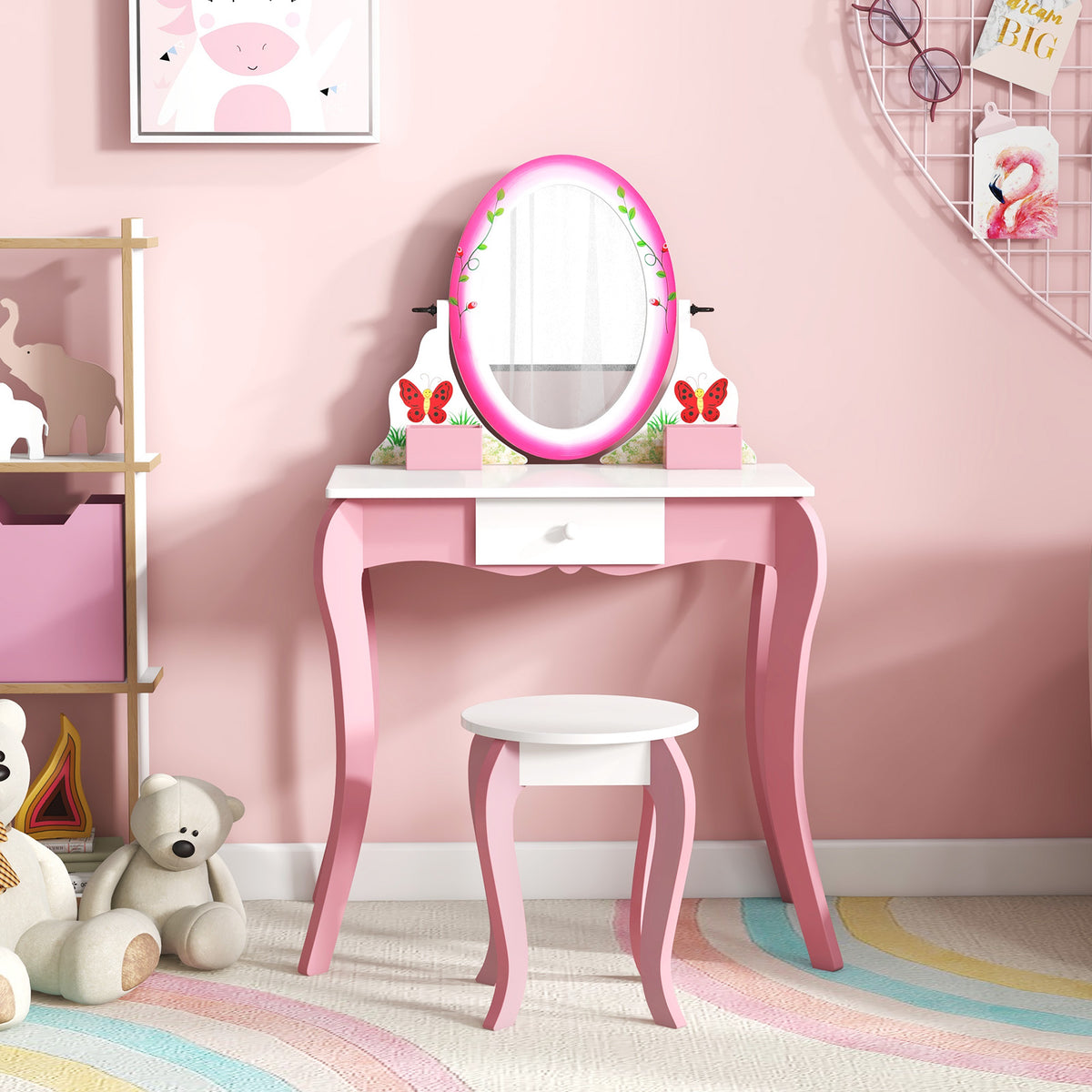 Kids Vanity Table and Stool Set with 360° Rotating Mirror and Whiteboard - Pink