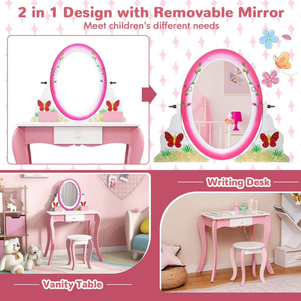 Kids Vanity Table and Stool Set with 360° Rotating Mirror and Whiteboard - Pink