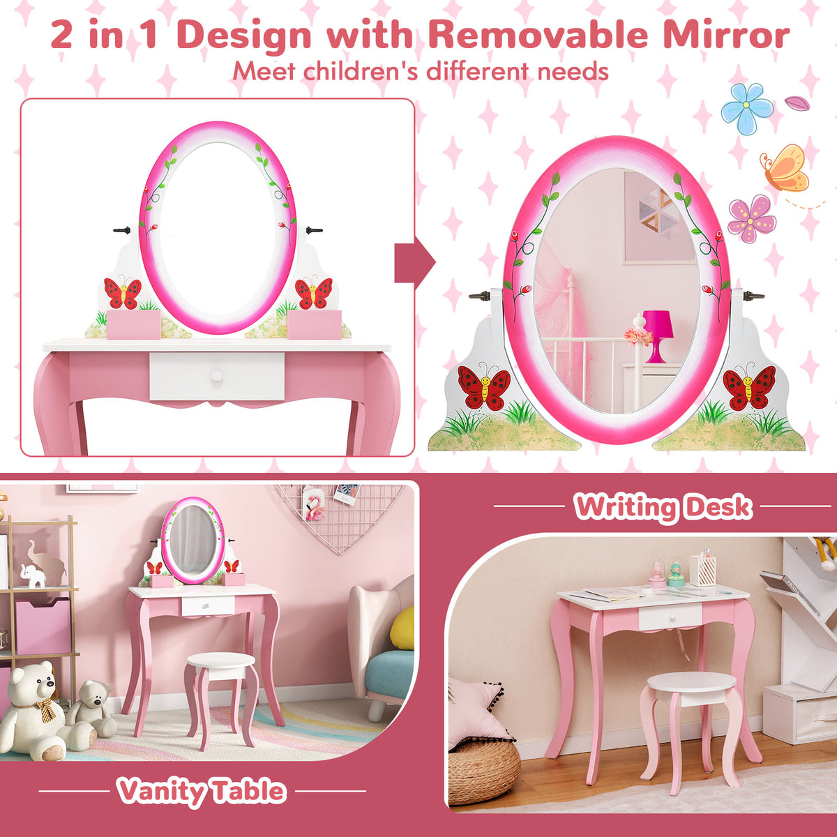 Kids Vanity Table and Stool Set with 360° Rotating Mirror and Whiteboard - Pink