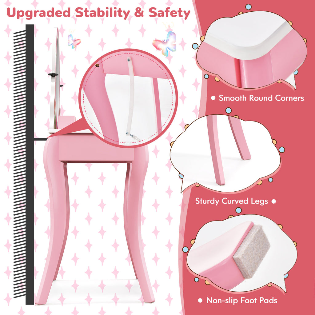 Kids Vanity Table and Stool Set with 360° Rotating Mirror and Whiteboard - Pink