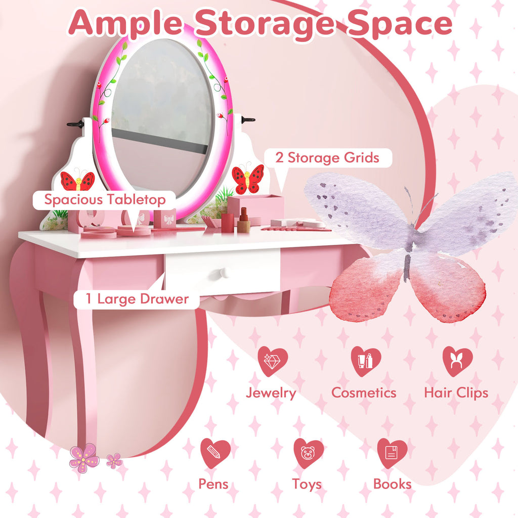 Kids Vanity Table and Stool Set with 360° Rotating Mirror and Whiteboard - Pink