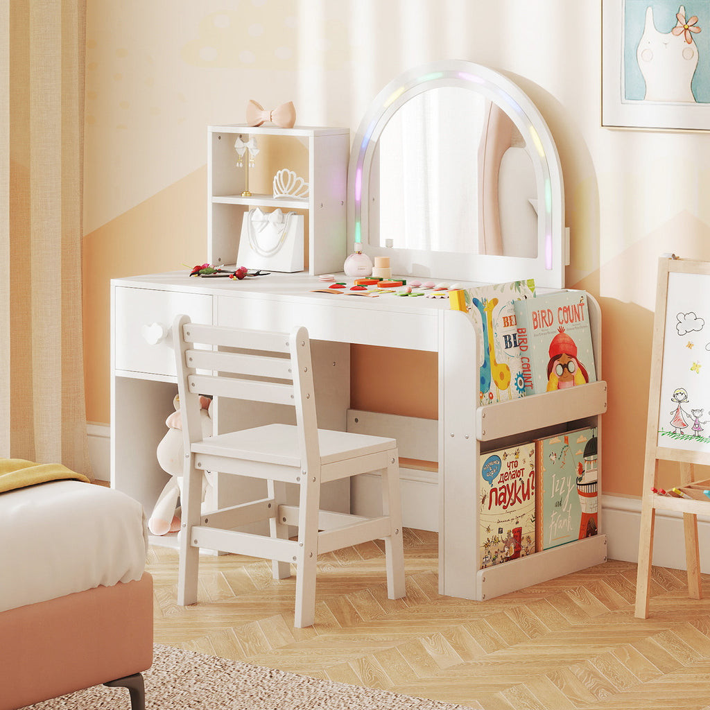 Kids Vanity Table and Chair Set with Lighted Mirror - Bow, White, 3+ Years
