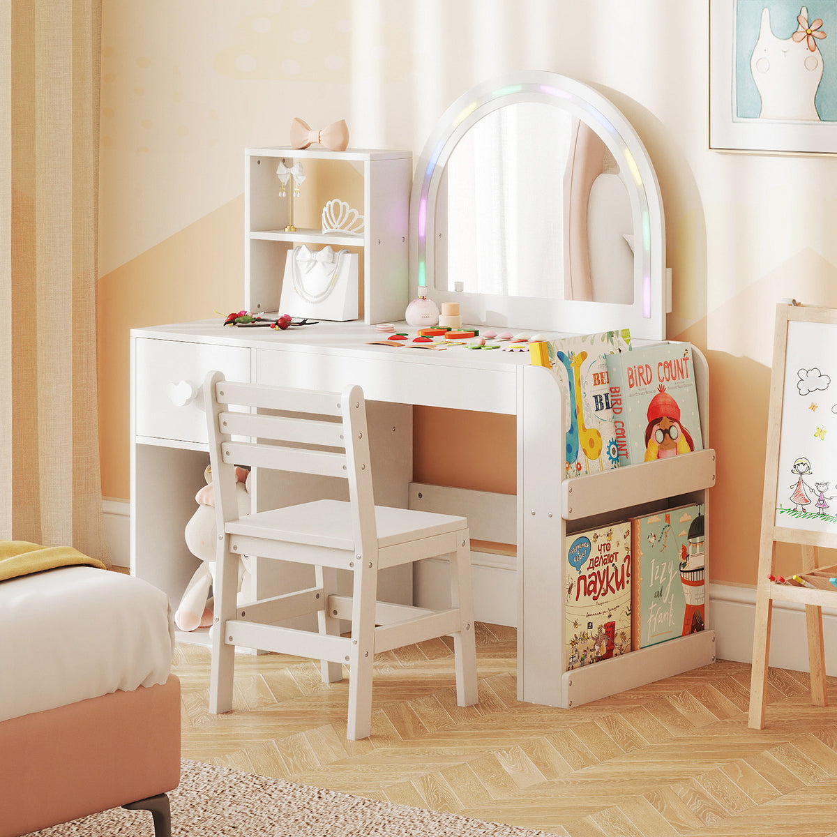 Kids Vanity Table and Chair Set with Lighted Mirror - Bow, White, 3+ Years