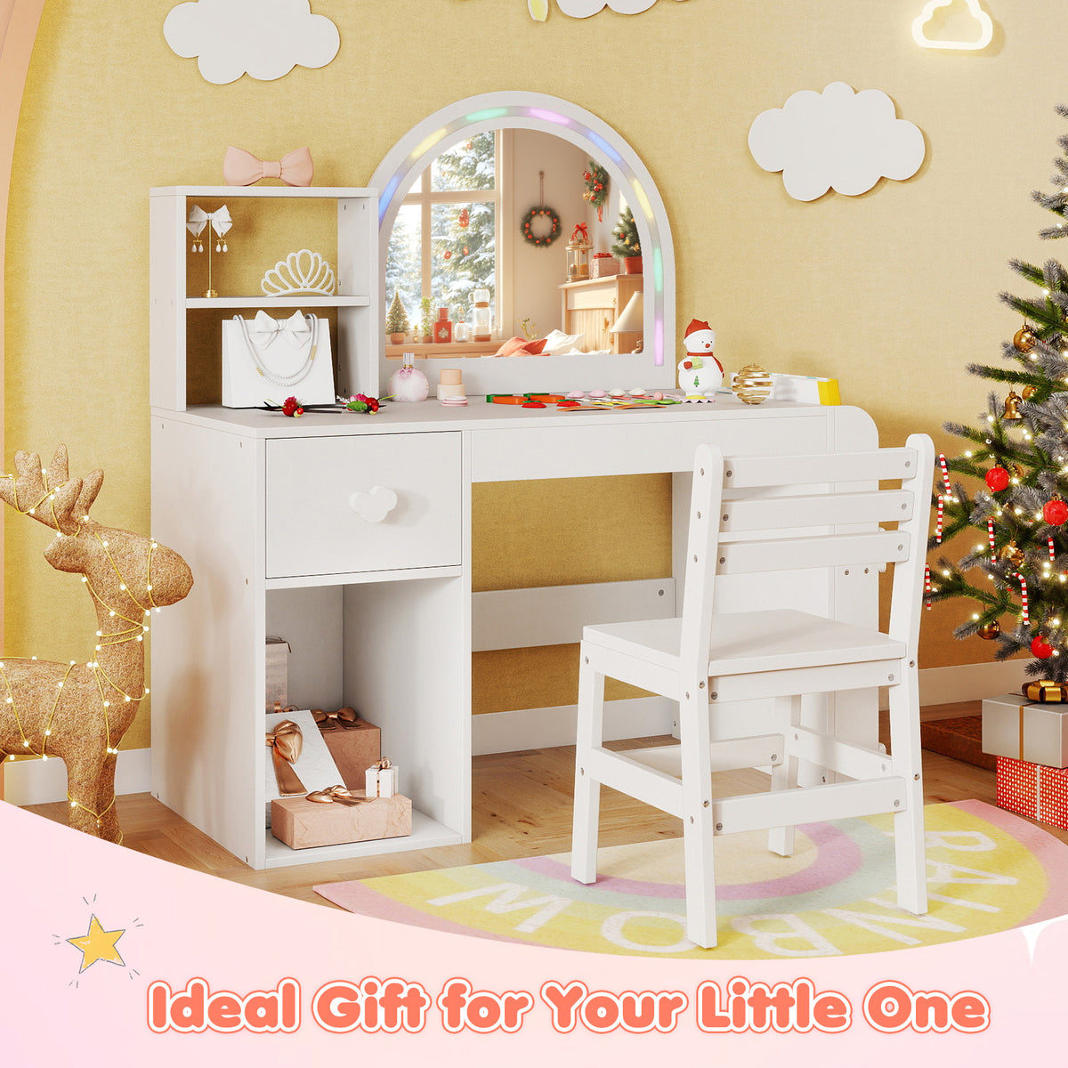 Kids Vanity Table and Chair Set with Lighted Mirror - Bow, White, 3+ Years