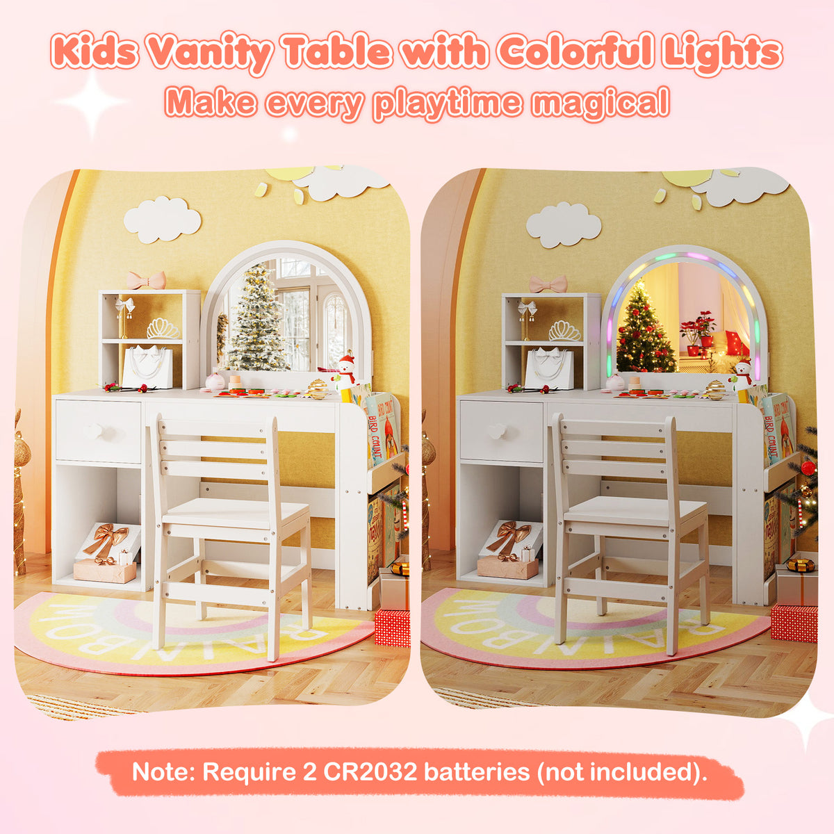 Kids Vanity Table and Chair Set with Lighted Mirror - Bow, White, 3+ Years