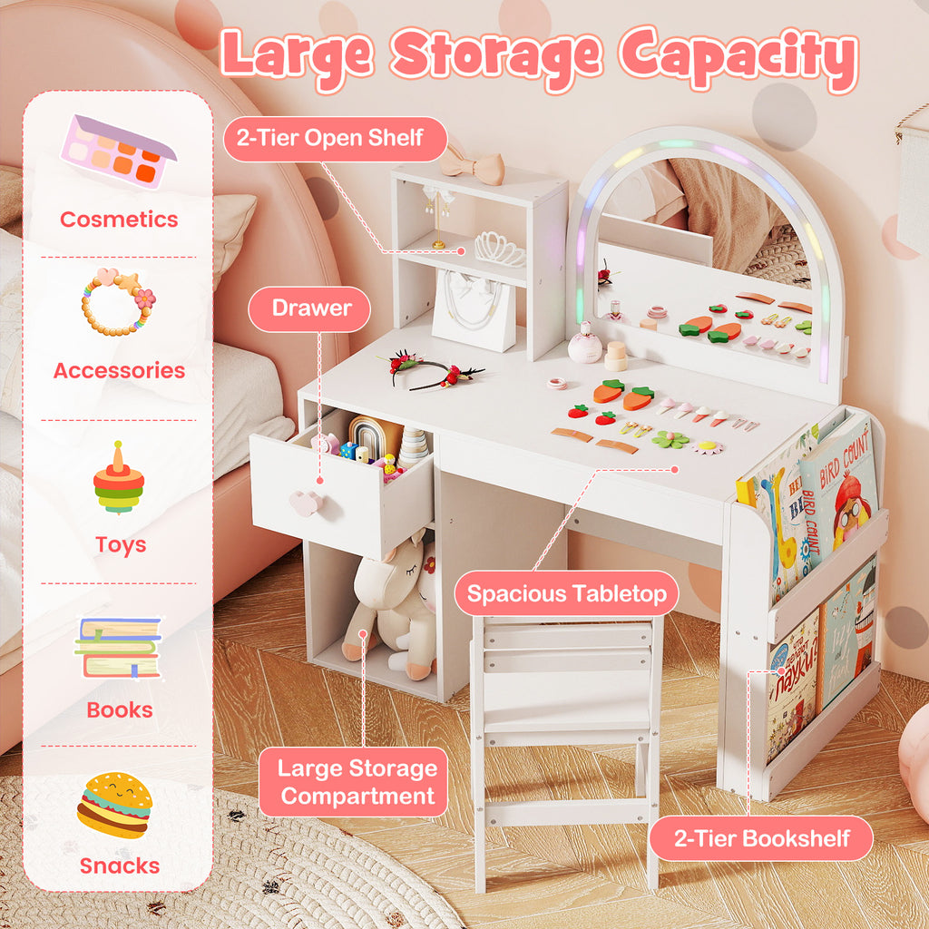 Kids Vanity Table and Chair Set with Lighted Mirror - Bow, White, 3+ Years