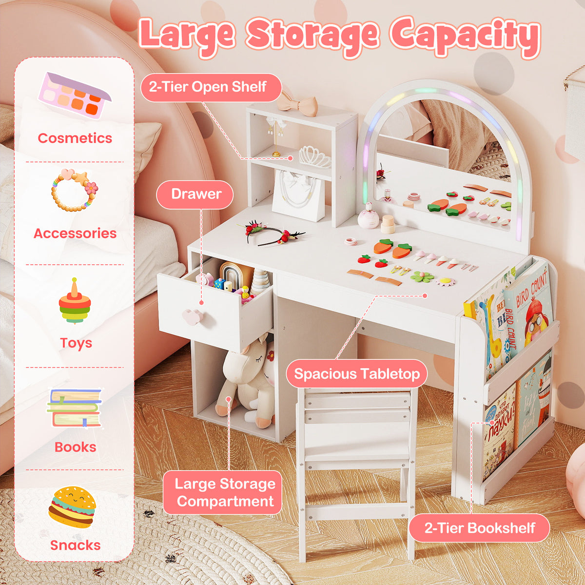 Kids Vanity Table and Chair Set with Lighted Mirror - Bow, White, 3+ Years
