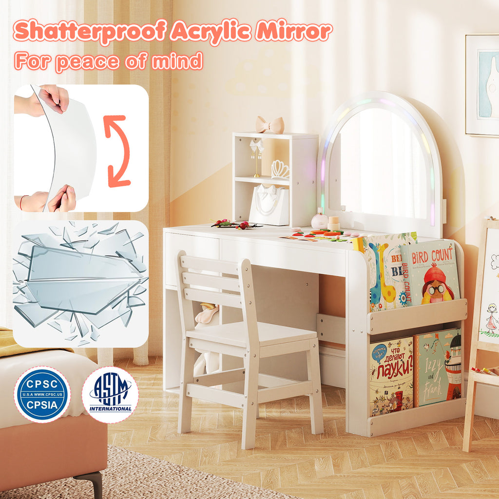 Kids Vanity Table and Chair Set with Lighted Mirror - Bow, White, 3+ Years
