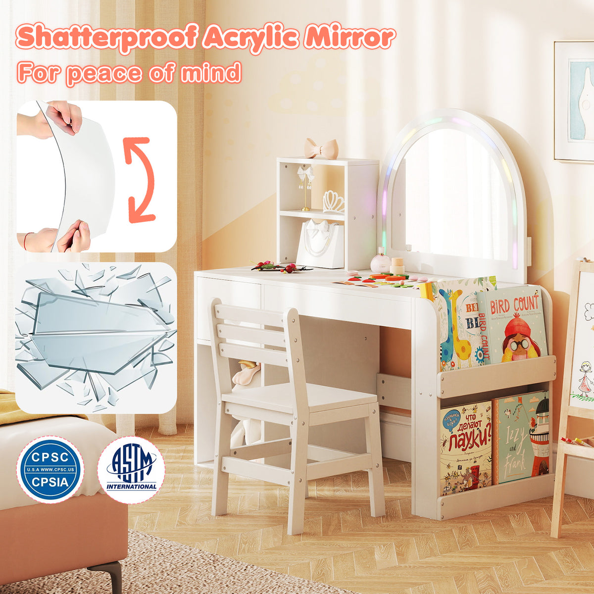 Kids Vanity Table and Chair Set with Lighted Mirror - Bow, White, 3+ Years