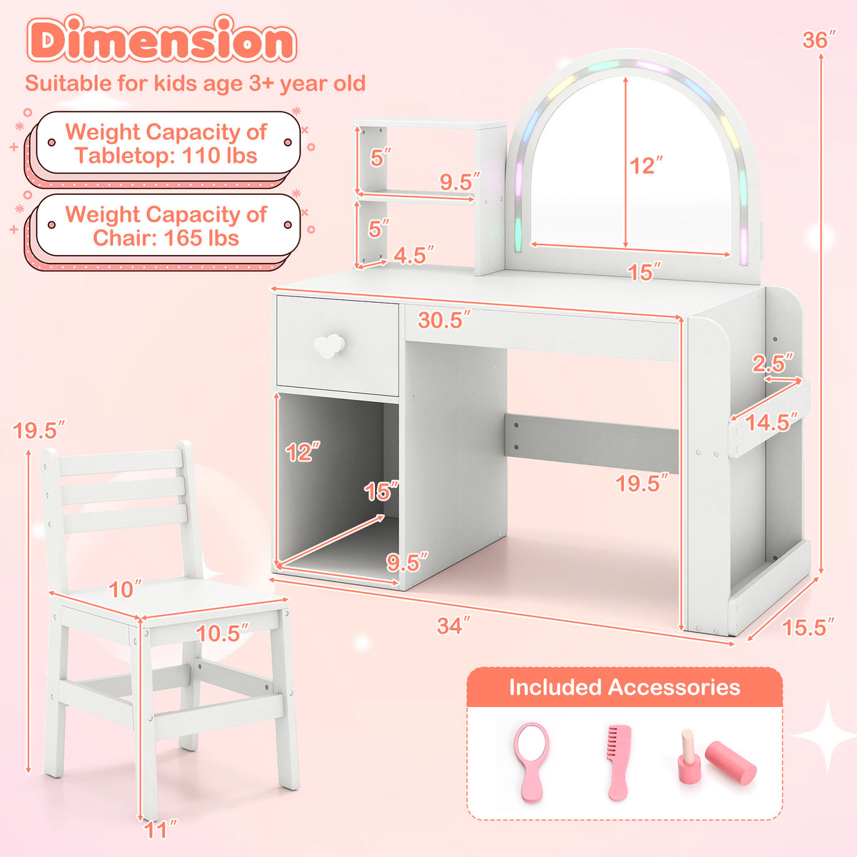Kids Vanity Table and Chair Set with Lighted Mirror - Bow, White, 3+ Years