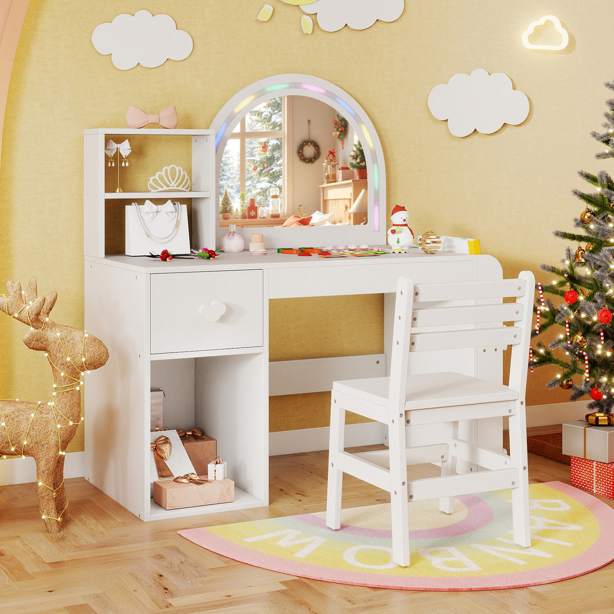 Kids Vanity Table and Chair Set with Lighted Mirror - Bow, White, 3+ Years