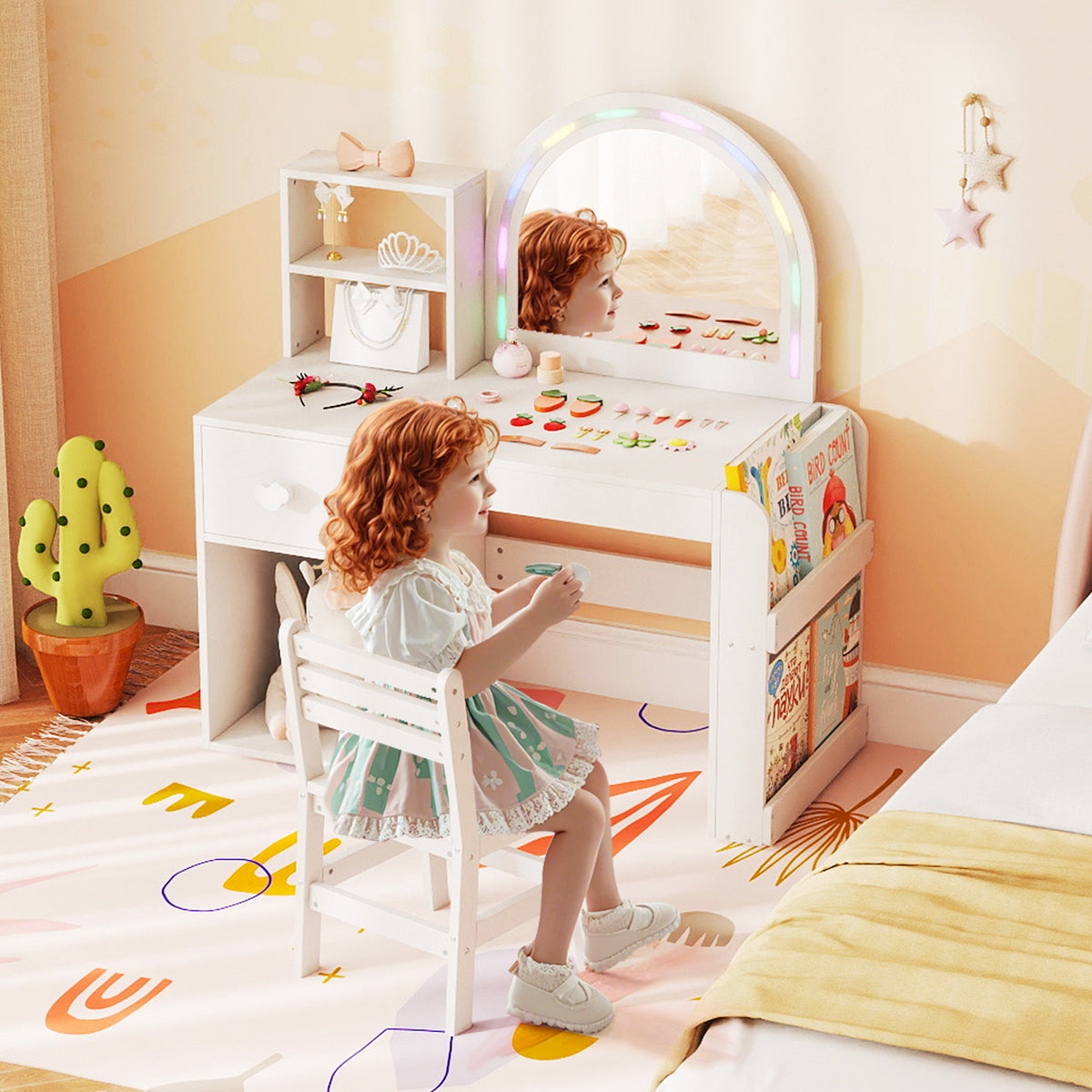 Kids Vanity Table and Chair Set with Lighted Mirror - Bow, White, 3+ Years