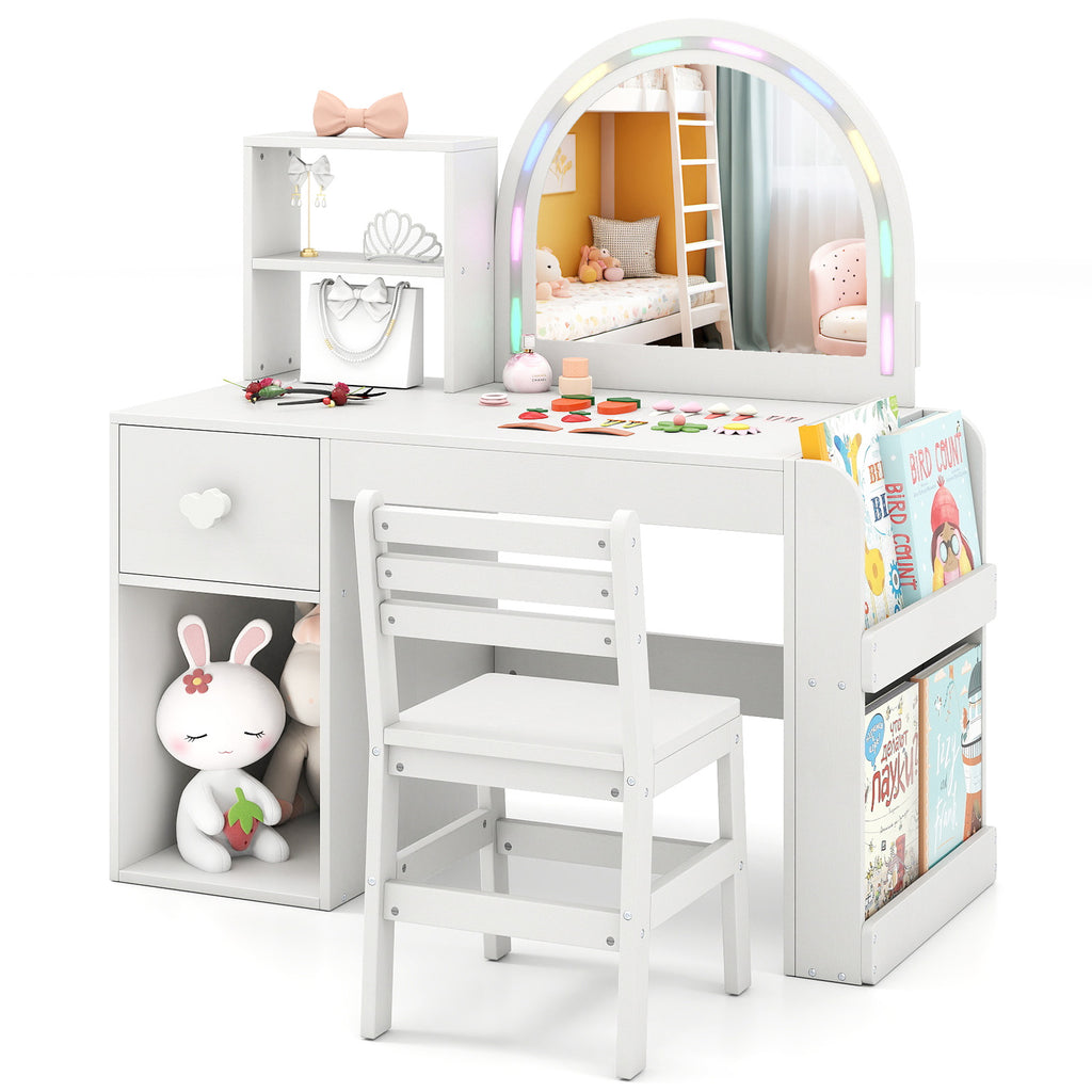 Kids Vanity Table and Chair Set with Lighted Mirror - Bow, White, 3+ Years