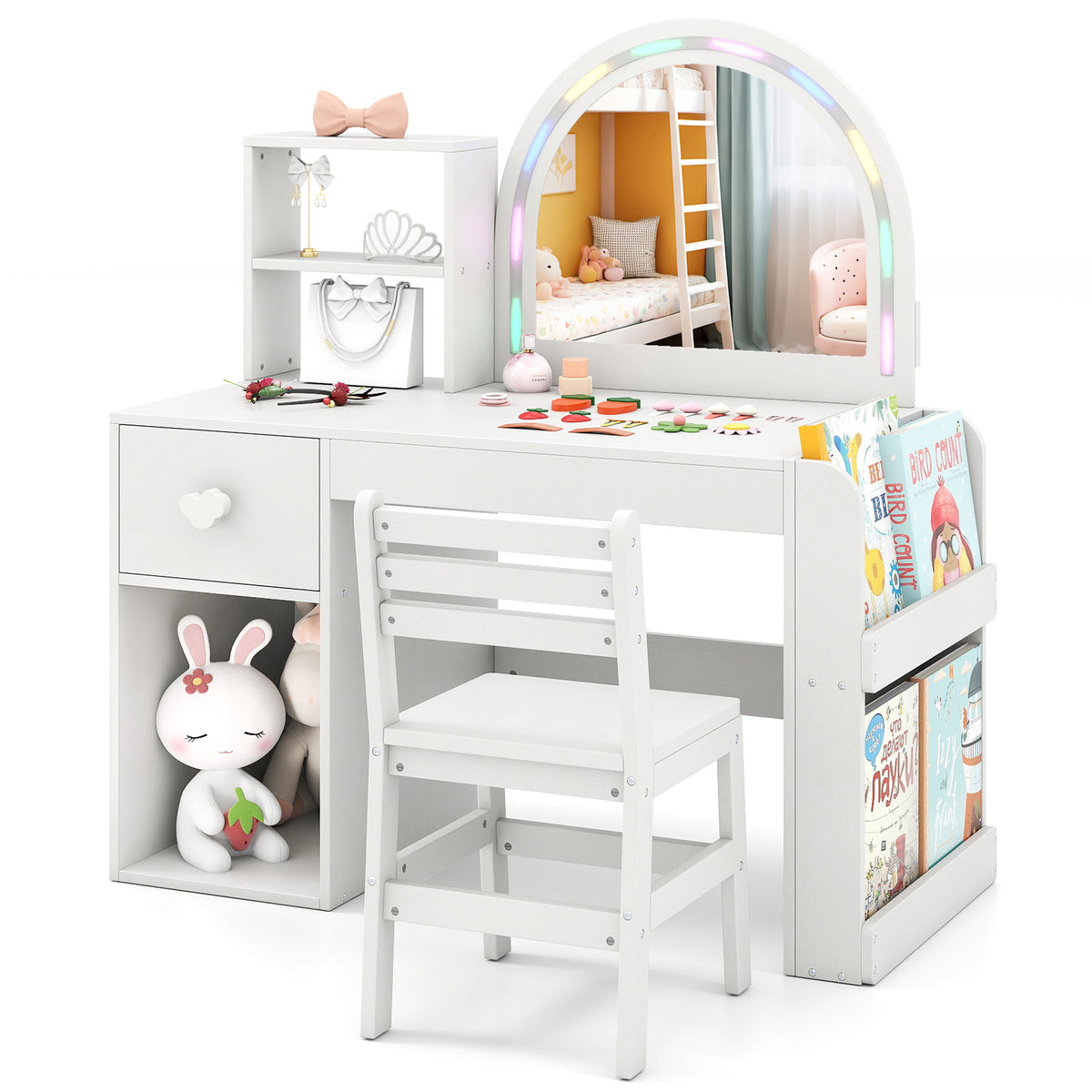 Kids Vanity Table and Chair Set with Lighted Mirror - Bow, White, 3+ Years