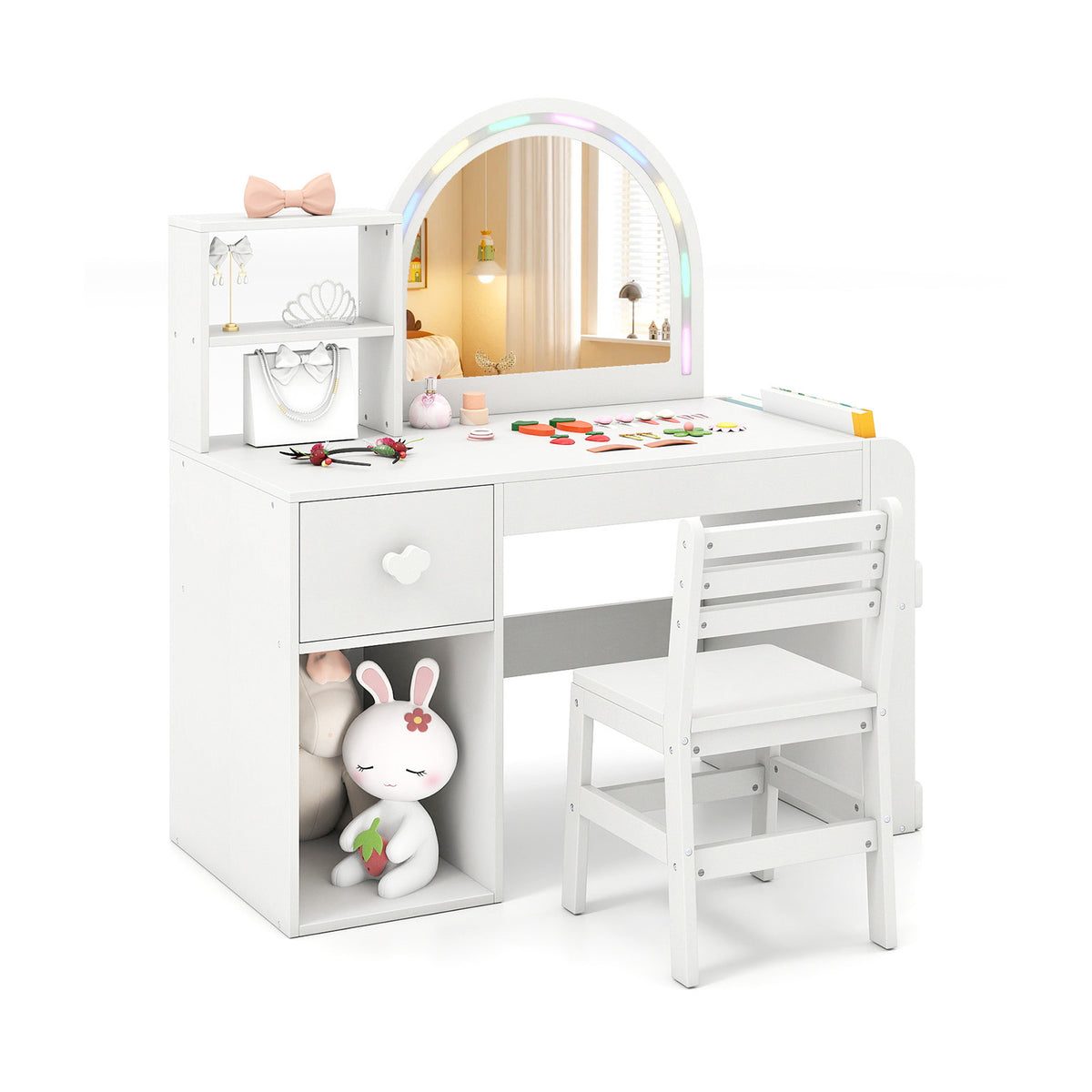 Kids Vanity Table and Chair Set with Lighted Mirror - Bow, White, 3+ Years