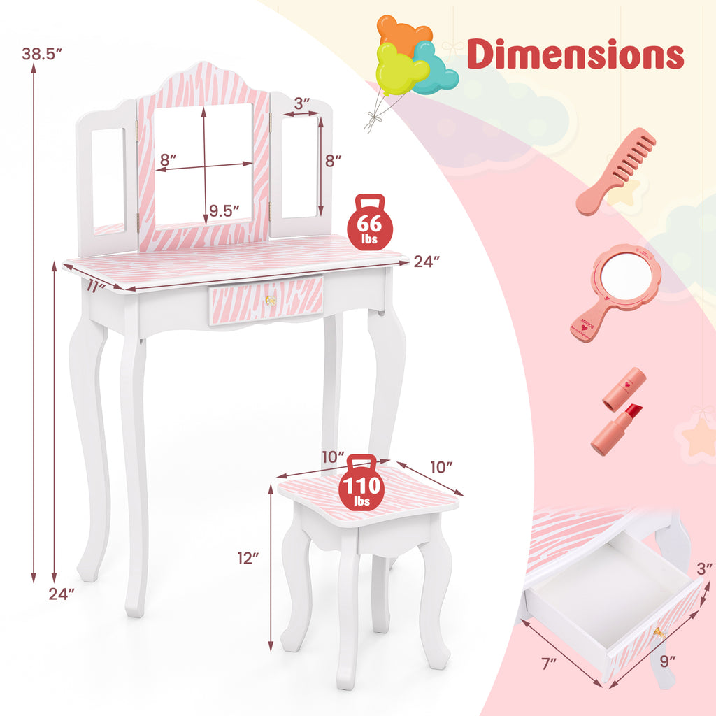 Kids Vanity Set with Drawer and 3 Makeup Accessories Pink - Wooden & Acrylic Mirror