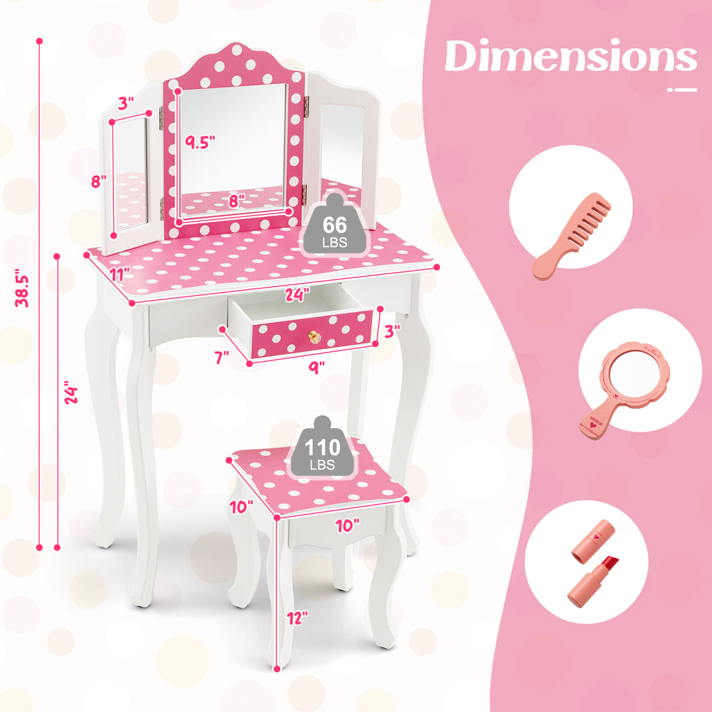 Princess Pretend Play Makeup Dressing Table with Polka Dot Print - Pink & Polka Dot Variation