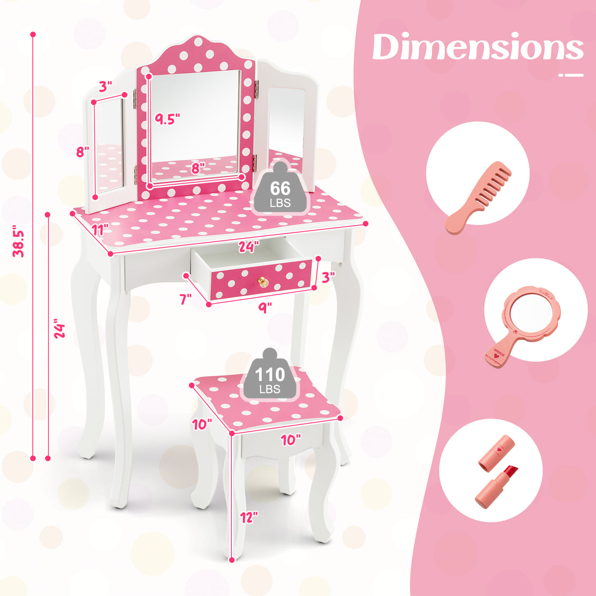 Princess Pretend Play Makeup Dressing Table with Polka Dot Print - Pink & Polka Dot Variation
