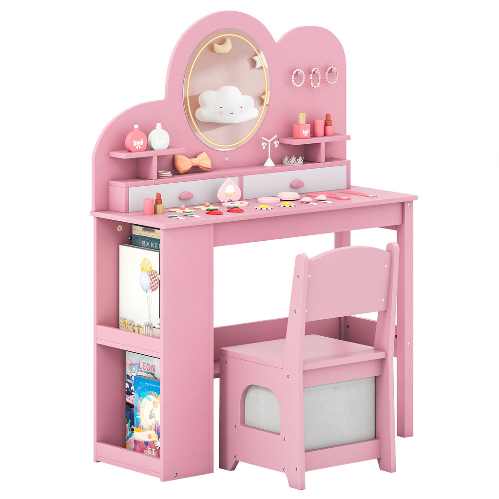 Kids Vanity with Lights & 2-Tier Bookshelf - White Princess Vanity Set with Drawers